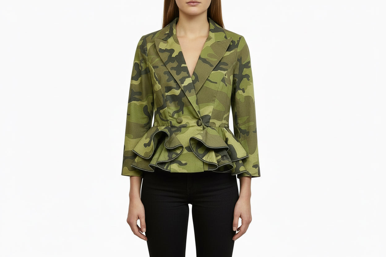 Long Sleeve Camouflage Blazer with Ruffled Accent
