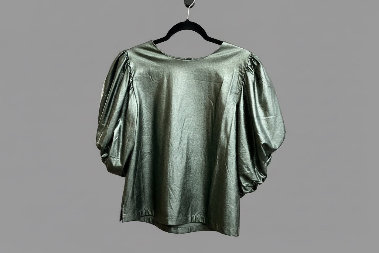 Vegan Leather Top with Short Gathered Sleeves