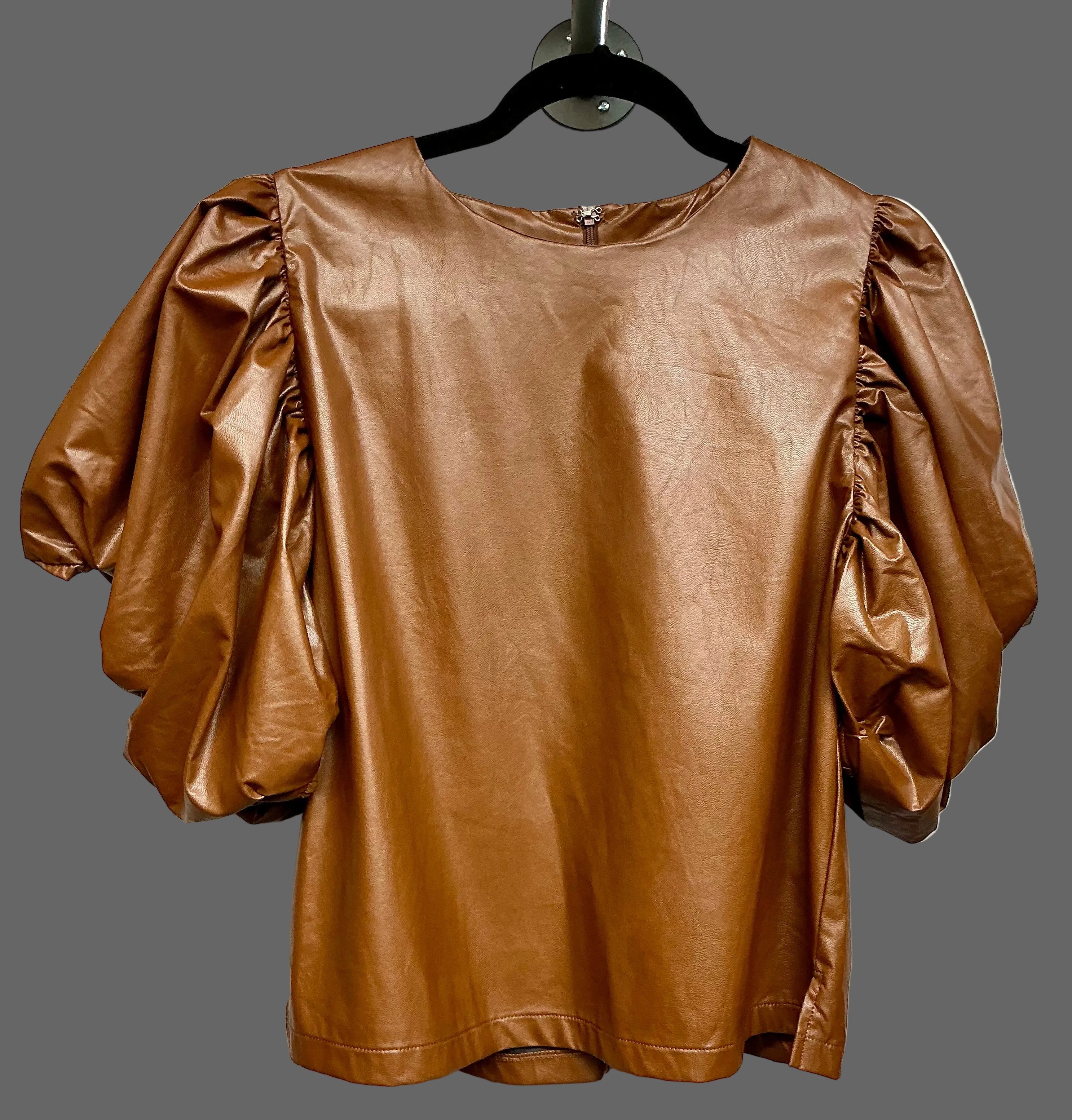 Vegan Leather Top with Short Gathered Sleeves