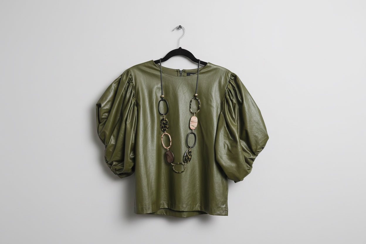 Vegan Leather Top with Short Gathered Sleeves