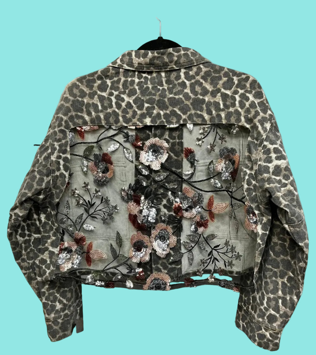 Animal Print Jean Jacket with Mesh and Appliqué Back-Front