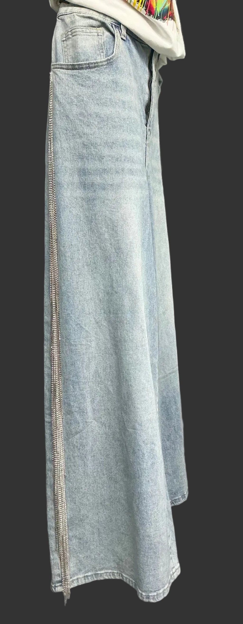 Side view light blue denim jeans