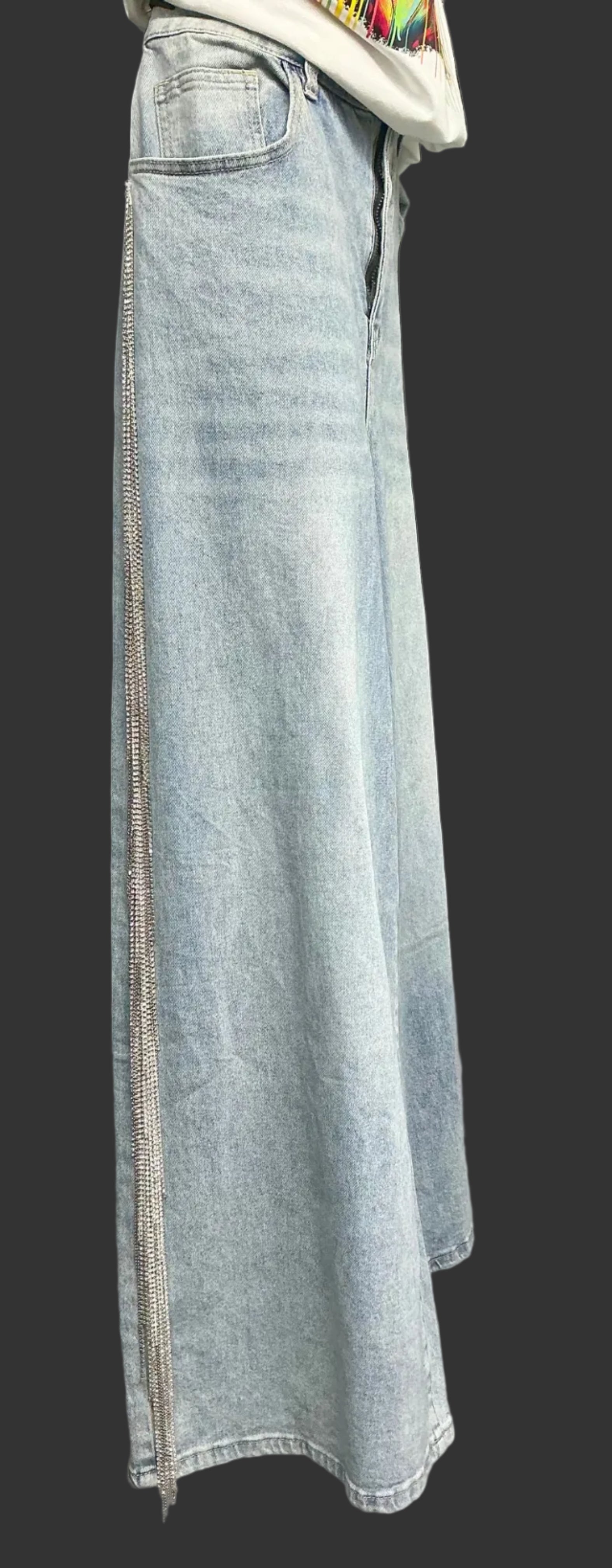 Side view light blue denim jeans