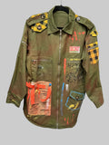 Olive green jacket with colorful patches