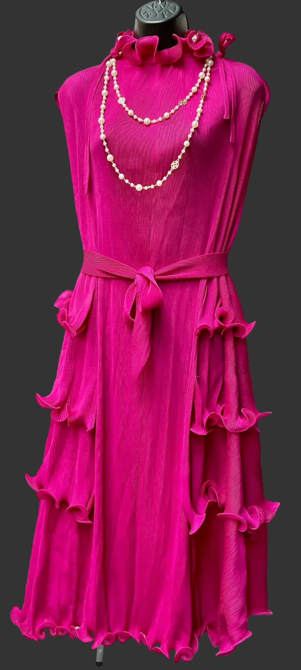 Raspberry colored long dress with tiered ruffles on lower half