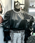 Vegan Leather Top with Puff Gathered Long Sleeves