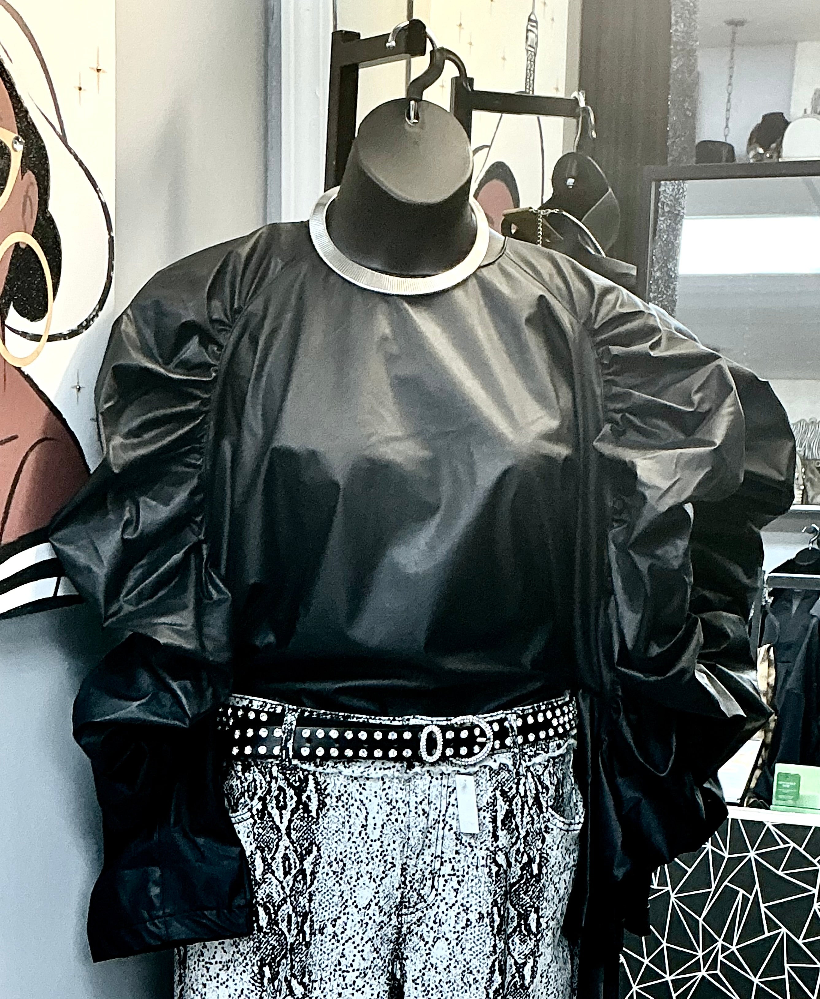 Vegan Leather Top with Puff Gathered Long Sleeves