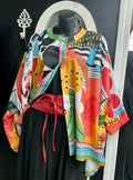 Multi-Colored Patterned Swing Blouse with Smock Sleeves