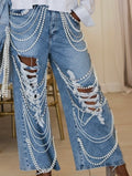 Pearl and Crystal Embellished Distressed Denim Jeans