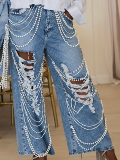 Pearl and Crystal Embellished Distressed Denim Jeans