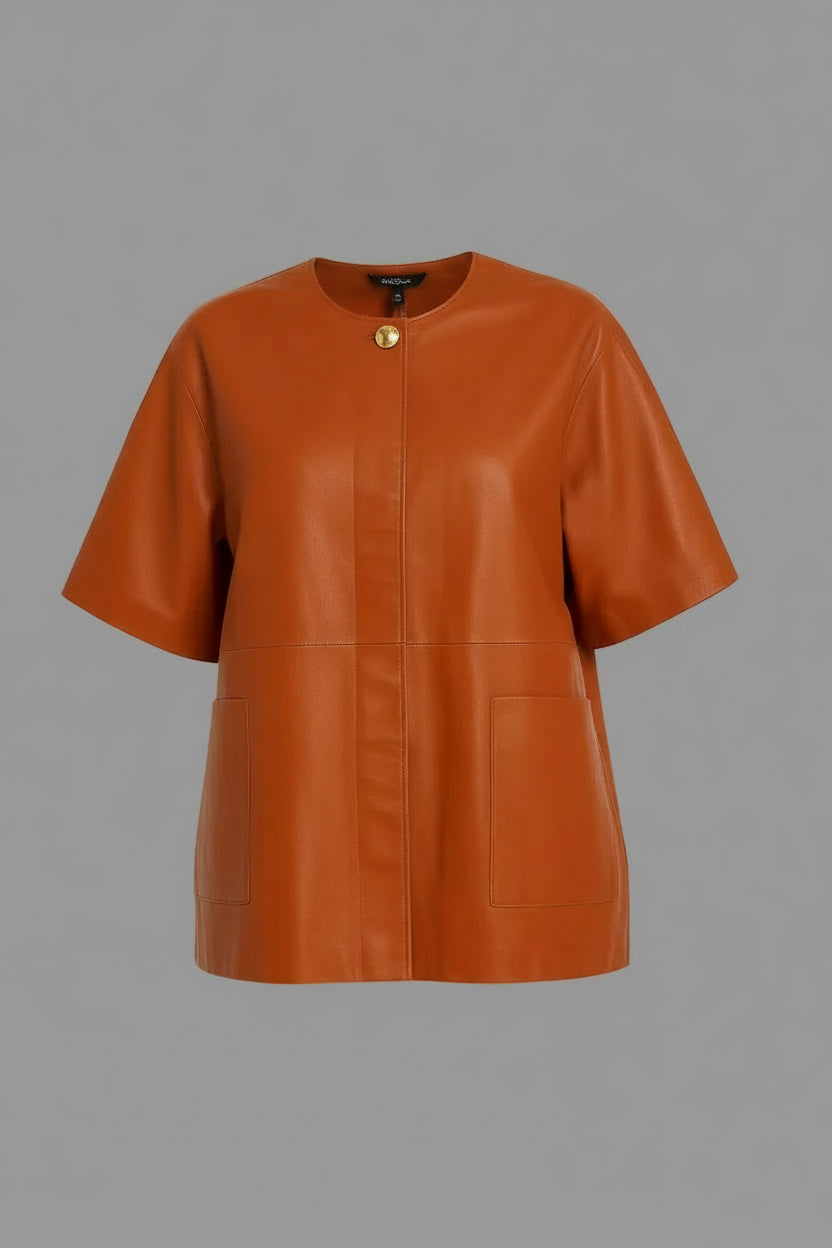 Vegan Leather Jacket Top with Gold Accent Button