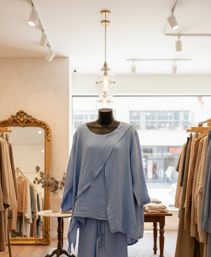Light blue outfit in a clothing store with racks and mirrors.