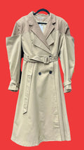Beige and Khaki trench coat on a hanger