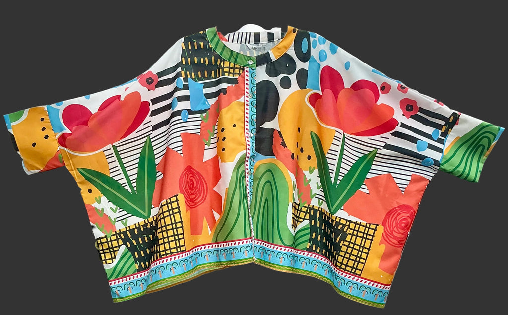 Colorful patterned jacket with abstract designs on a white background