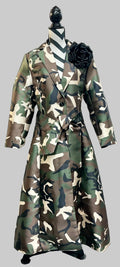 Camouflage coat displayed on a mannequin with a black flower accessory.