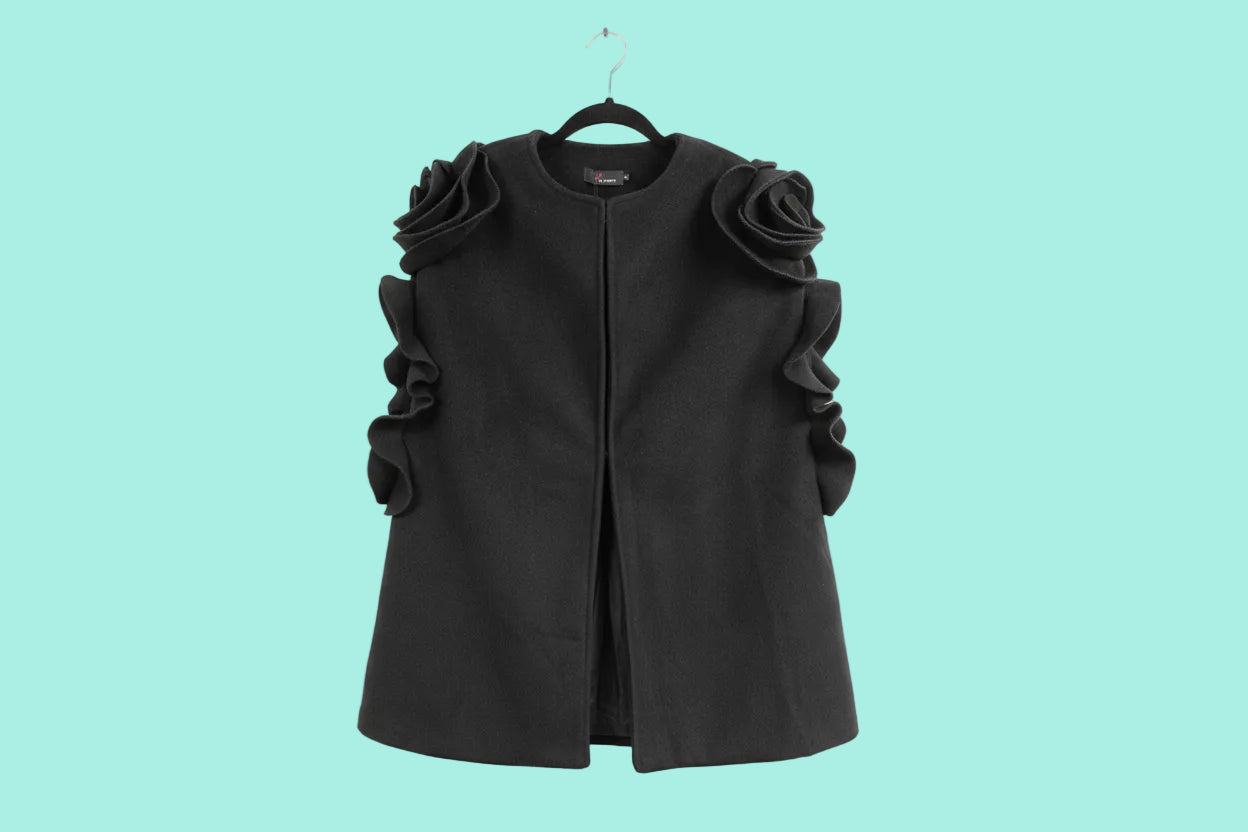 Black cape coat with rose shoulders