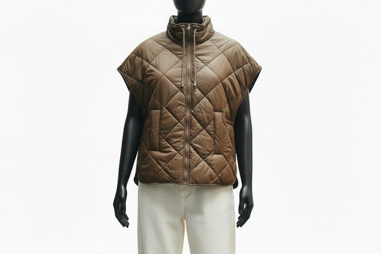 Brown diamond shaped quilted jacket on mannequin, adjustable funnel neck 