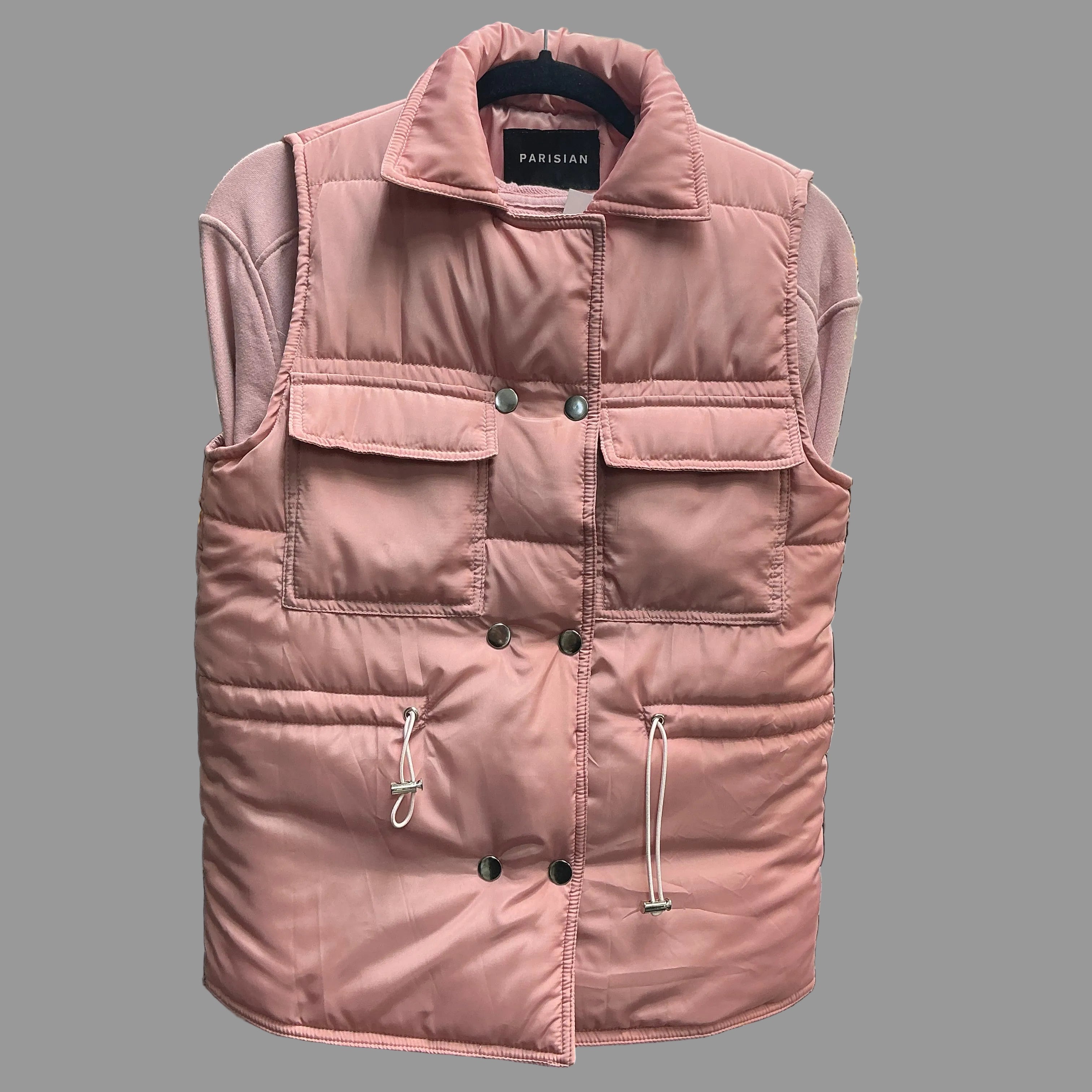 Pink puffer vest, double breast button  closure, breast pockets and adjustable waist