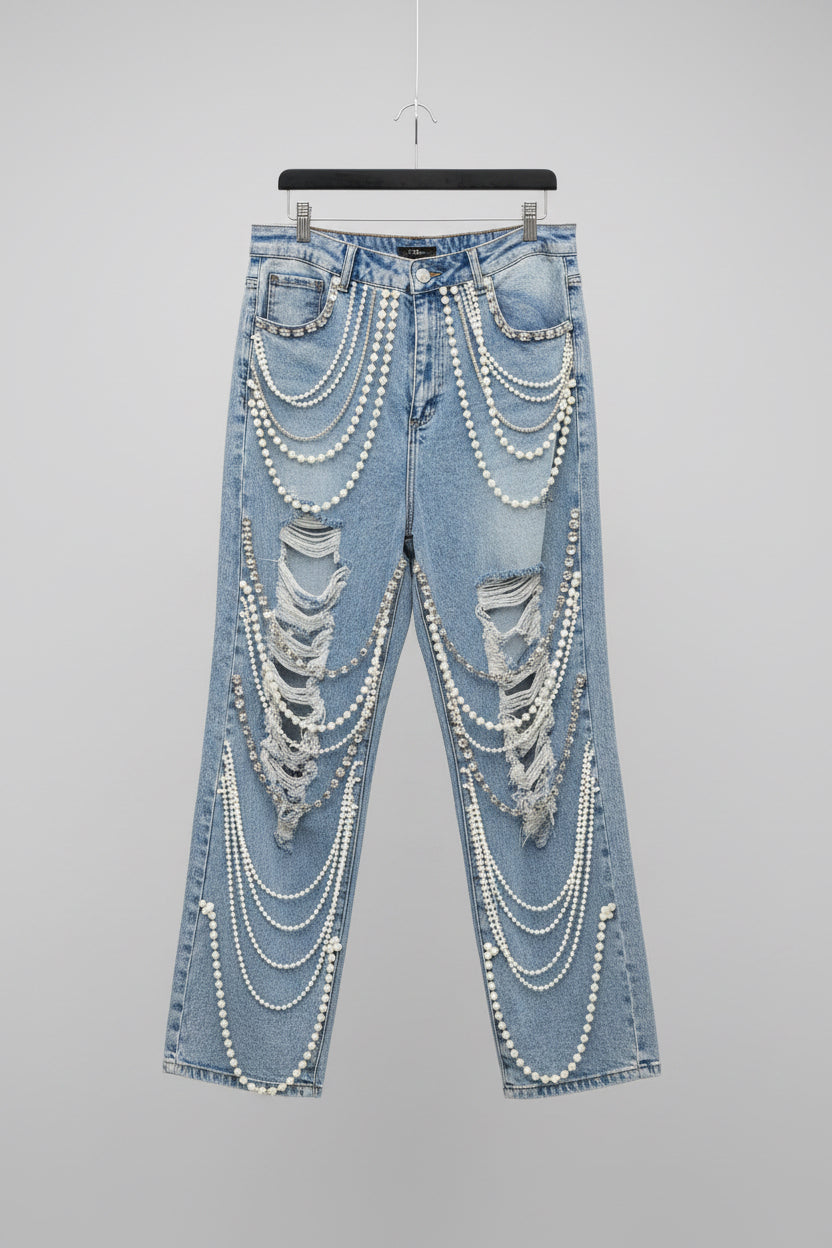 Pearl and crystal Embellished Denim pants on hanger 
