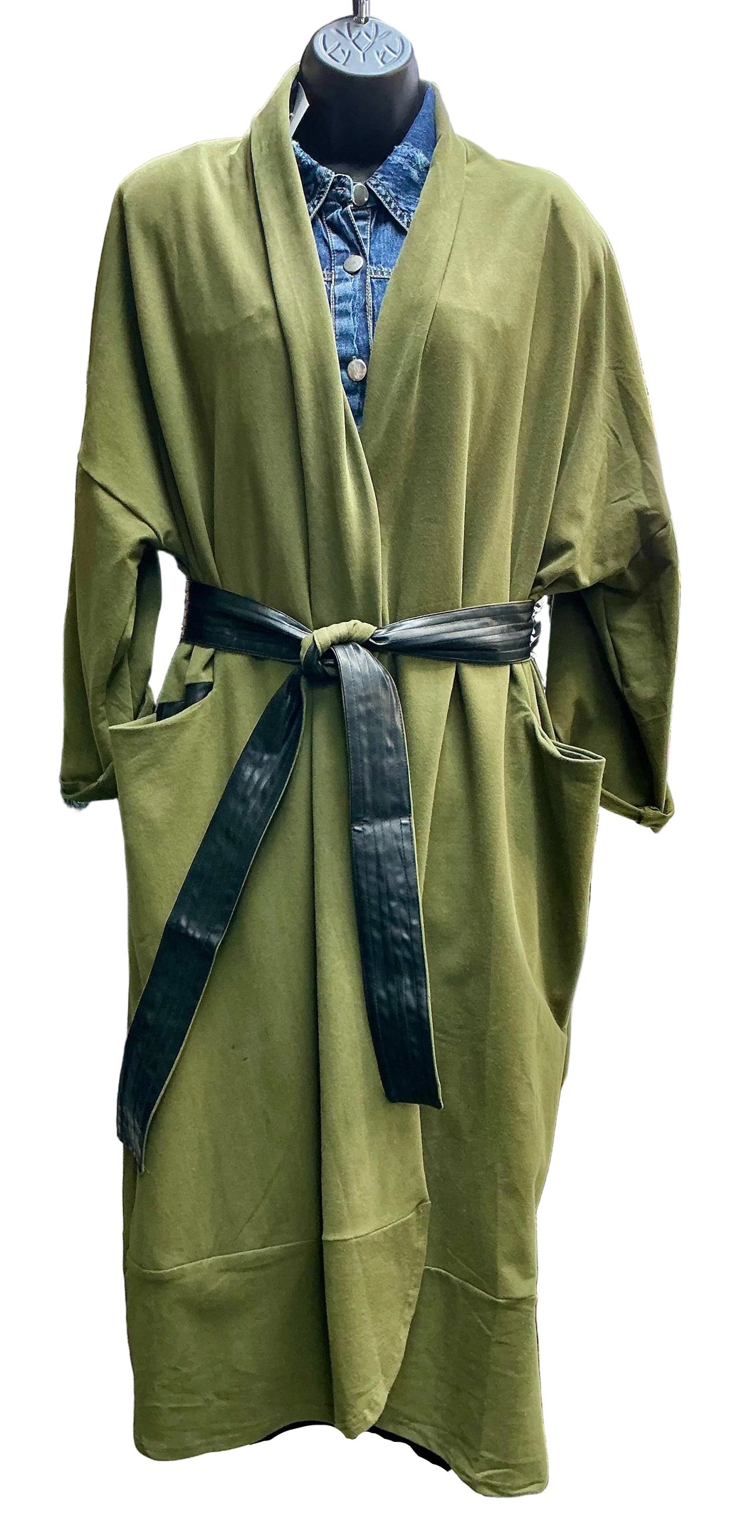 Olive green wrap with a belt on a mannequin