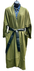 Olive green wrap with a belt on a mannequin