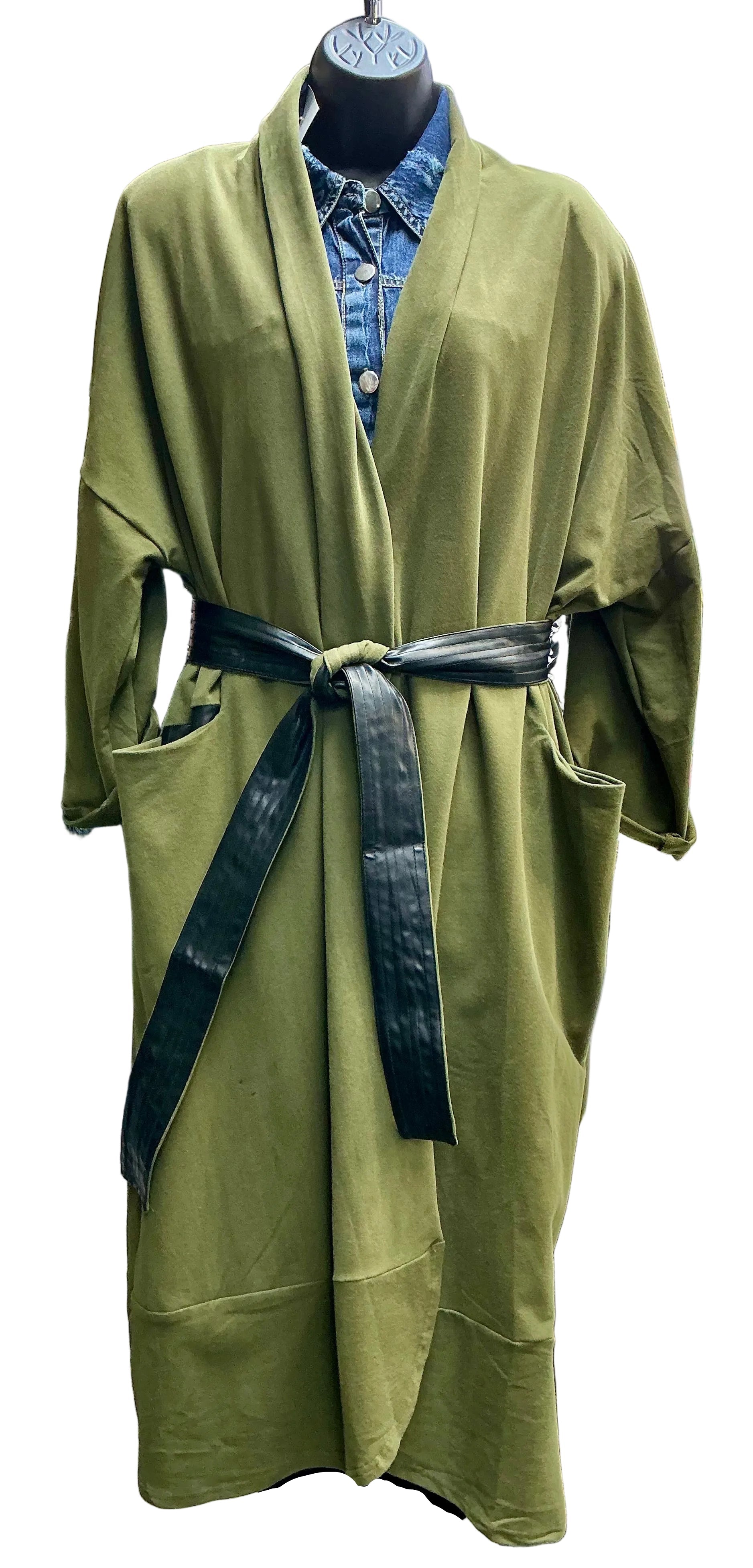 Olive green wrap with a belt on a mannequin