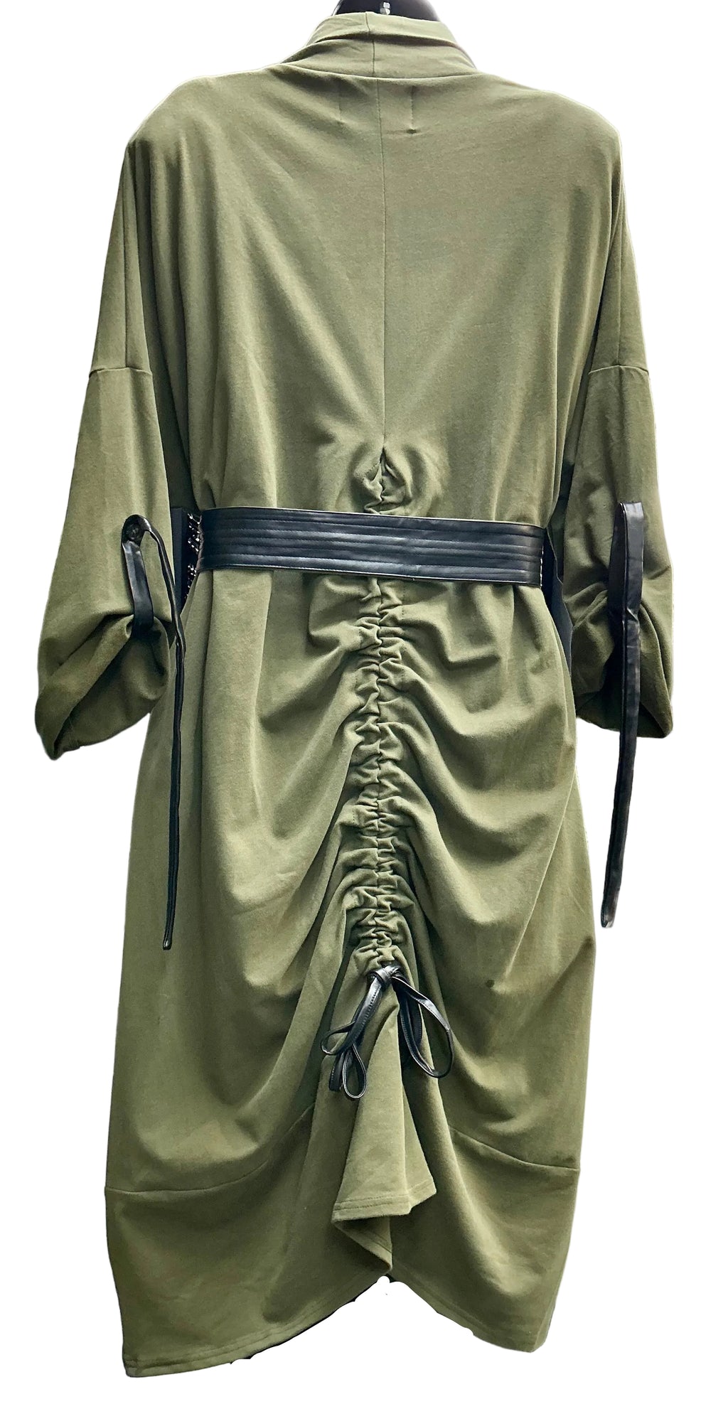 Back view of olive green trench coat with a black belt