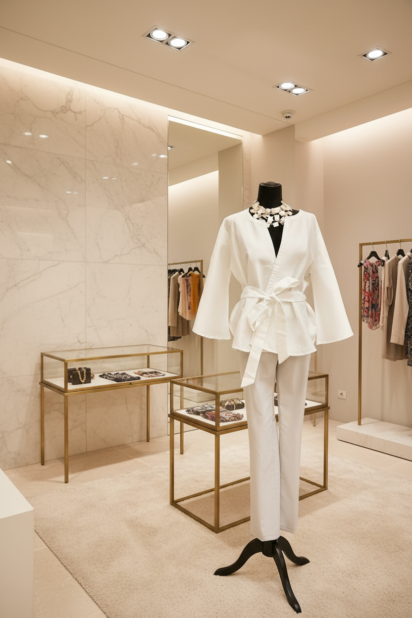 White wrap jacket  with gray pant and necklace in boutique setting